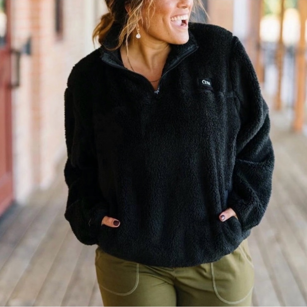 ZYIA Active Womens M Sherpa Block Pullover Fleece Jacket black 1/2 zip coat